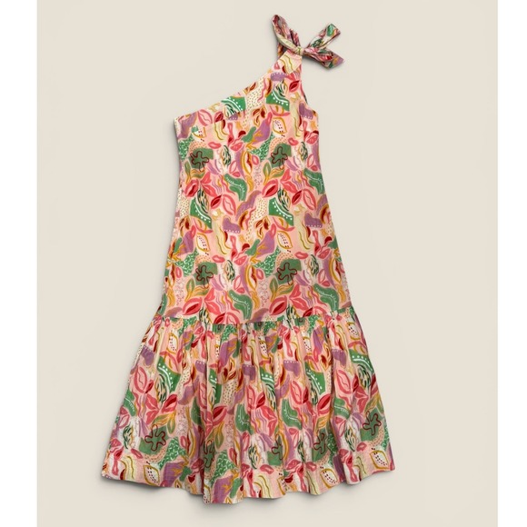 Hyacinth House Dresses & Skirts - Hyacinth House Pink Abstract Floral One Shoulder Tiered Cotton Midi Dress Medium